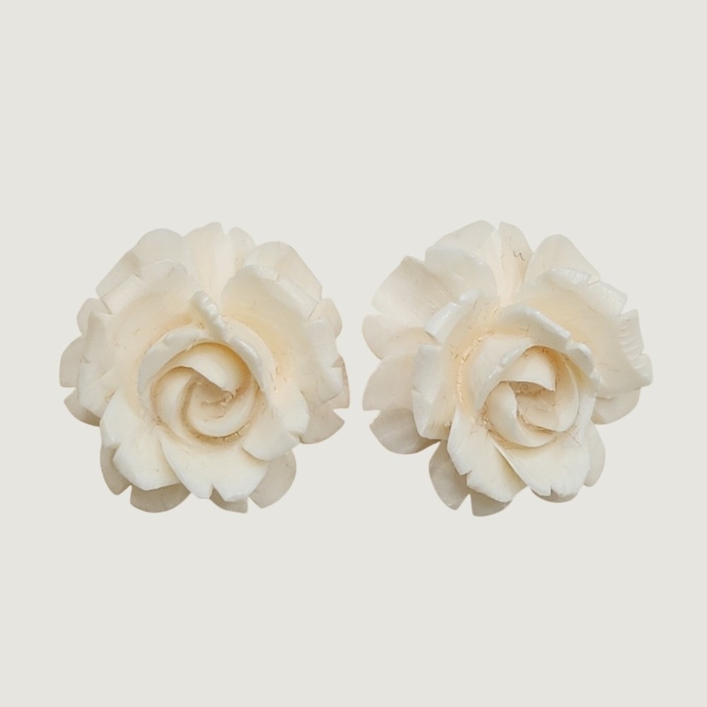 Vintage Rose Gold Filled Earrings 1/20 12k Screw Back Carved Cream Rose Flower